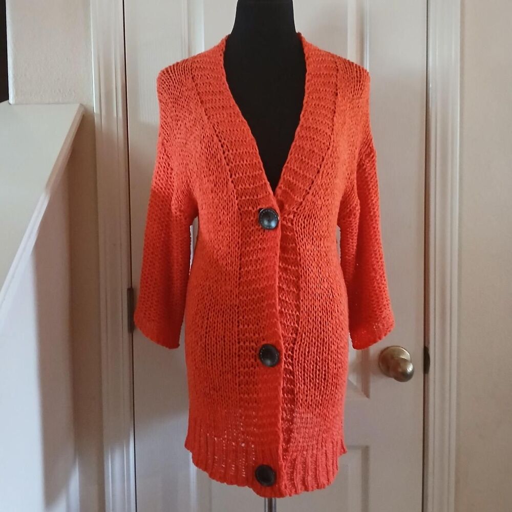 Coastal Boho Orange Chunky Loose Knit 3 Button Cardigan 3/4 Sleeves S - Picture 1 of 7